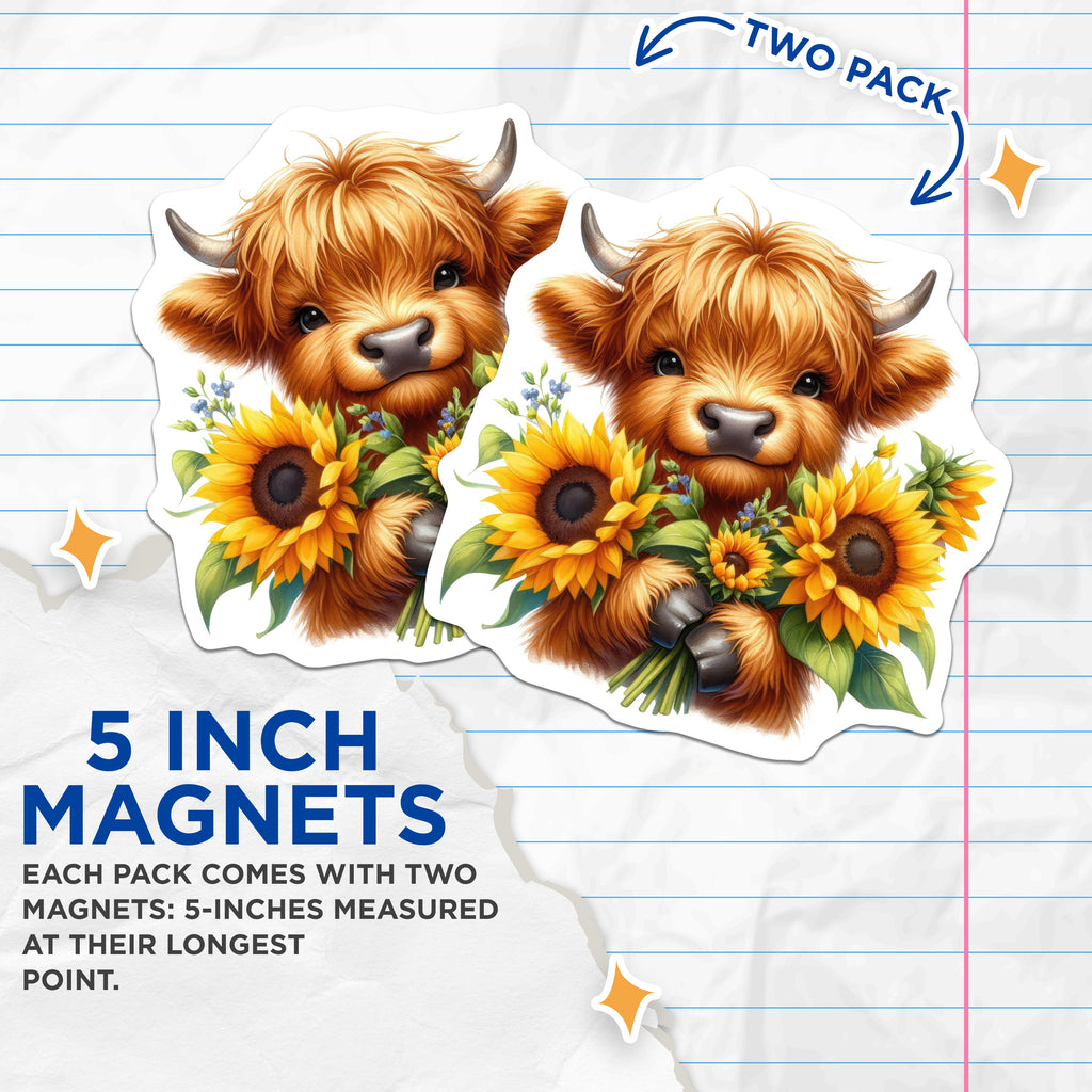 (2 Pack) Cute Highland Cow Magnets - Sunflower Farm Animal Art - Rustic Kitchen Fridge Accent Home Decor - 5 Inches On Longest Side - Thick Durable Magnet - Made in USA - MAG37217
