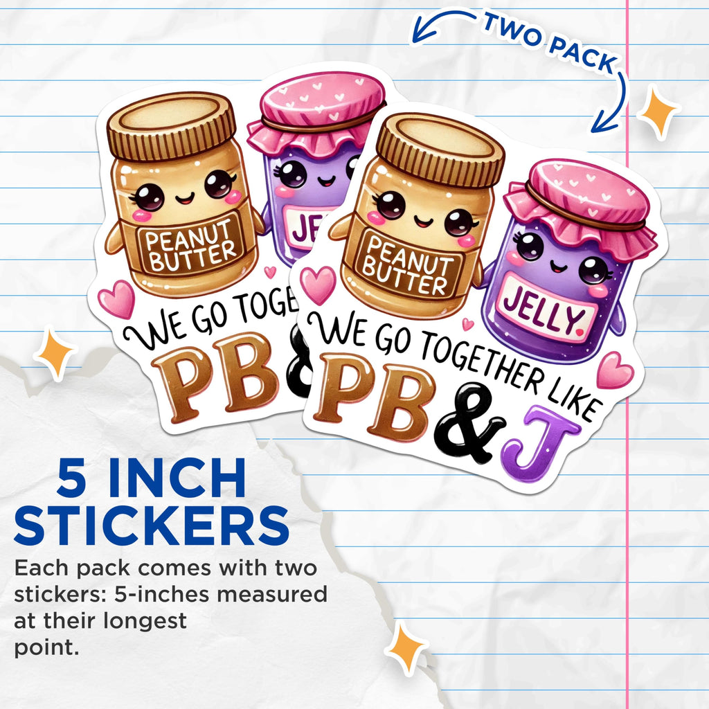 (2 Pack) Peanut Butter Jelly Stickers - Cute Food Duo Stickers - Matching PB and J Stickers - 5" On Longest Side - Sticks to Any Smooth Flat Surface - Made in USA - BMCS3543