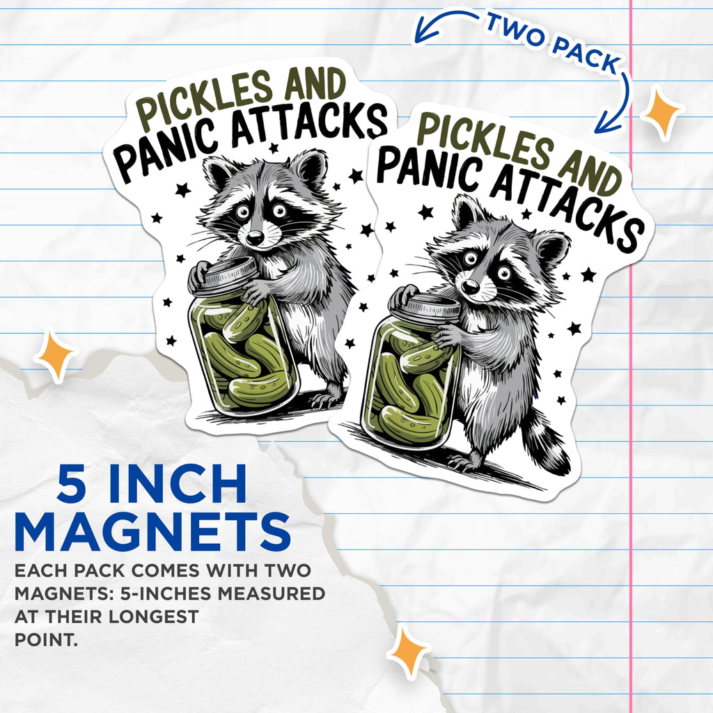 (2 Pack) Raccoon Pickles Panic Magnets - Funny Animal Meme Fridge Decor - Anxiety Humor Kitchen Accent - 5 Inches On Longest Side - Thick Durable Magnet - Made in USA - MAG23087