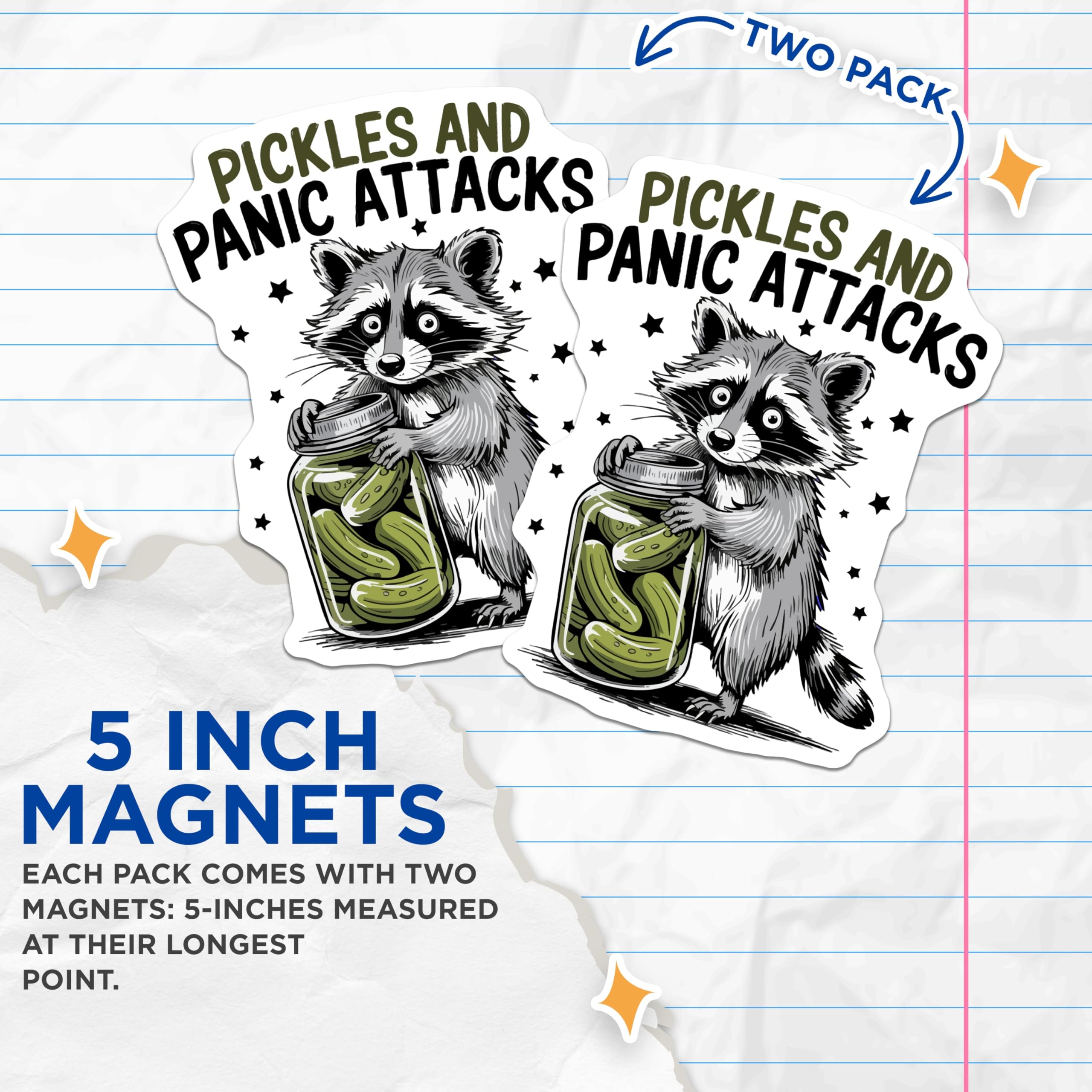 (2 Pack) Raccoon Pickles Panic Magnets - Funny Animal Meme Fridge Decor - Anxiety Humor Kitchen Accent - 5 Inches On Longest Side - Thick Durable Magnet - Made in USA - MAG23087
