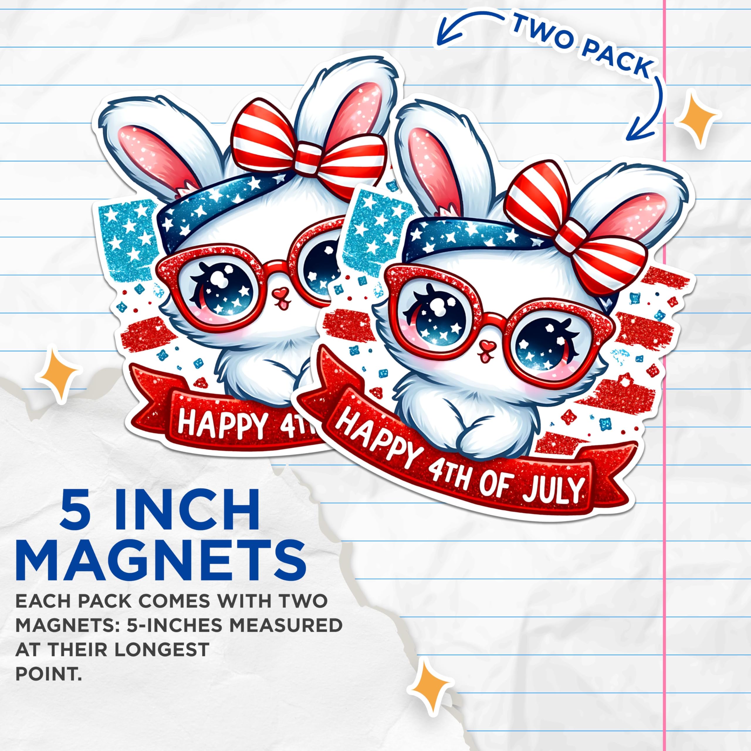 (2 Pack) Happy 4th of July Bunny Magnets - Patriotic Rabbit Magnets - Independence Day Holiday Magnets- 5" On Longest Side - for Fridges, Toolboxes, Cars - Made in USA - MAG2706