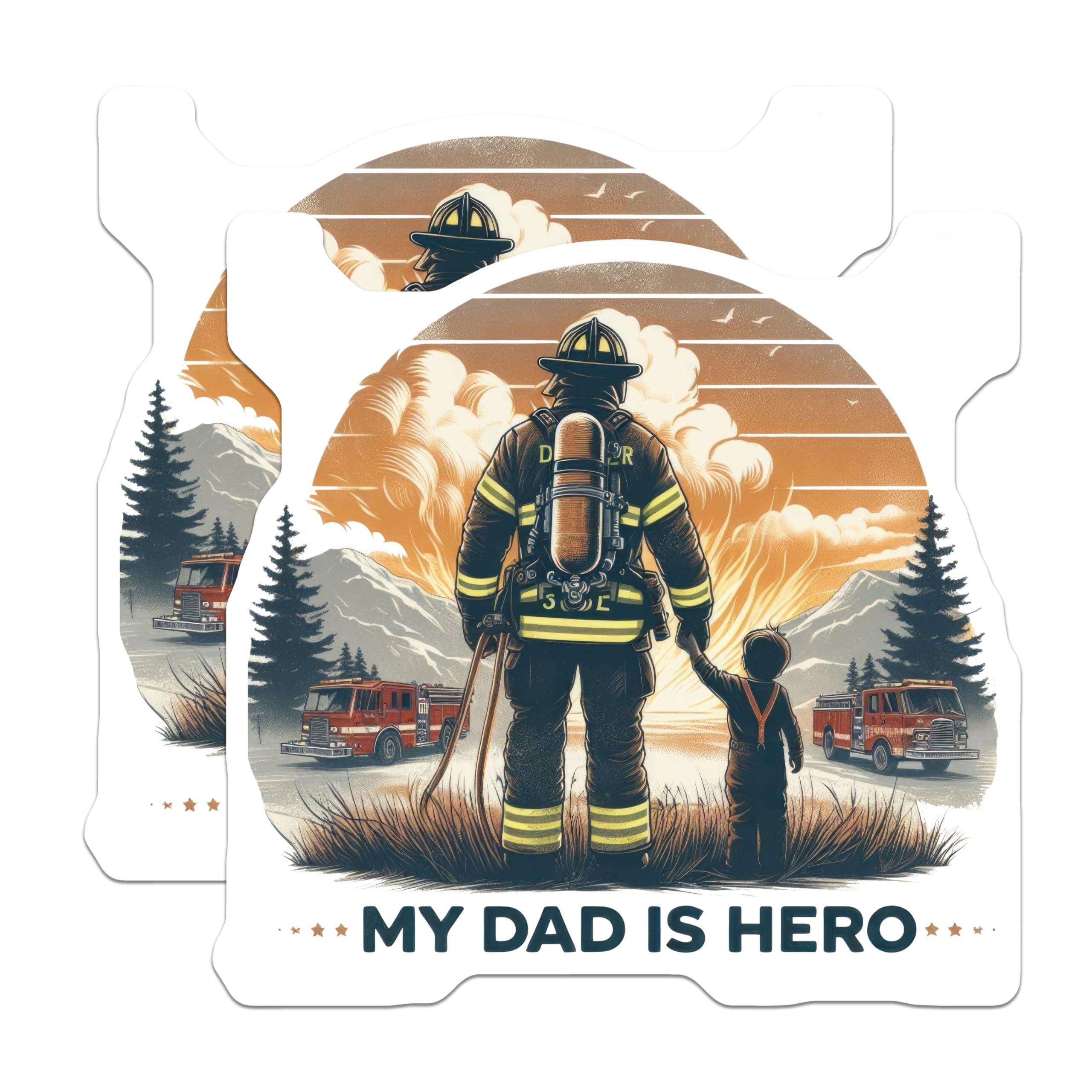 (2 Pack) My Dad is Hero Stickers - Firefighter Sticker - Inspirational Dad Decal - 5" On Longest Side - Sticks to Smooth Flat Surfaces - Made in USA - BMCS6498