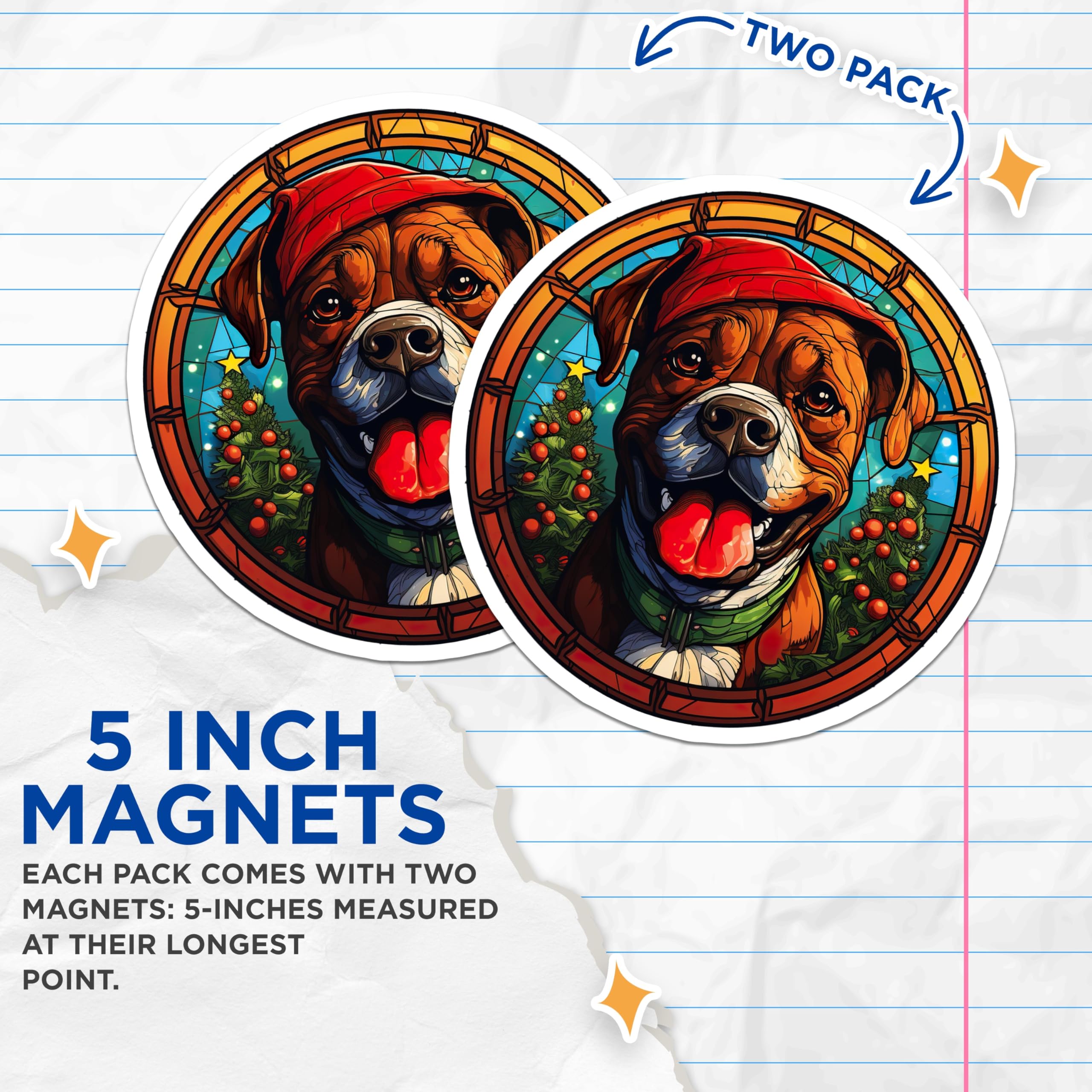 (2 Pack) Stained Glass Christmas Dog Magnets - Boxer Santa Hat Pet Decor - Holiday Animal Refrigerator Display - 5 Inches On Longest Side - Thick Durable Magnet - Made in USA - MAG23684