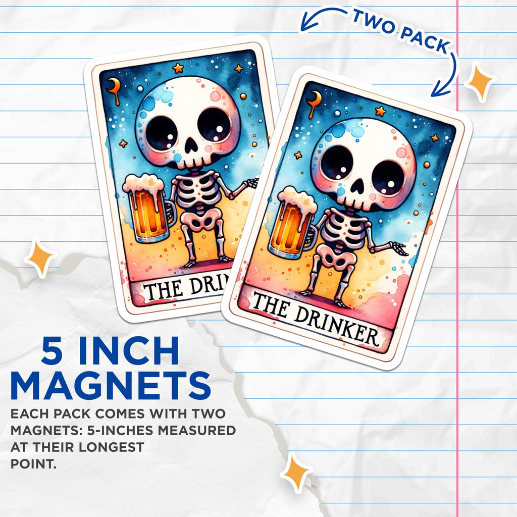 (2 Pack) Tarot Card Magnets - The Drinker Skeleton Art - Beer Lover Fridge Magnets- 5" On Longest Side - Sticks to Smooth Flat Surfaces - Made in USA - MAG11415