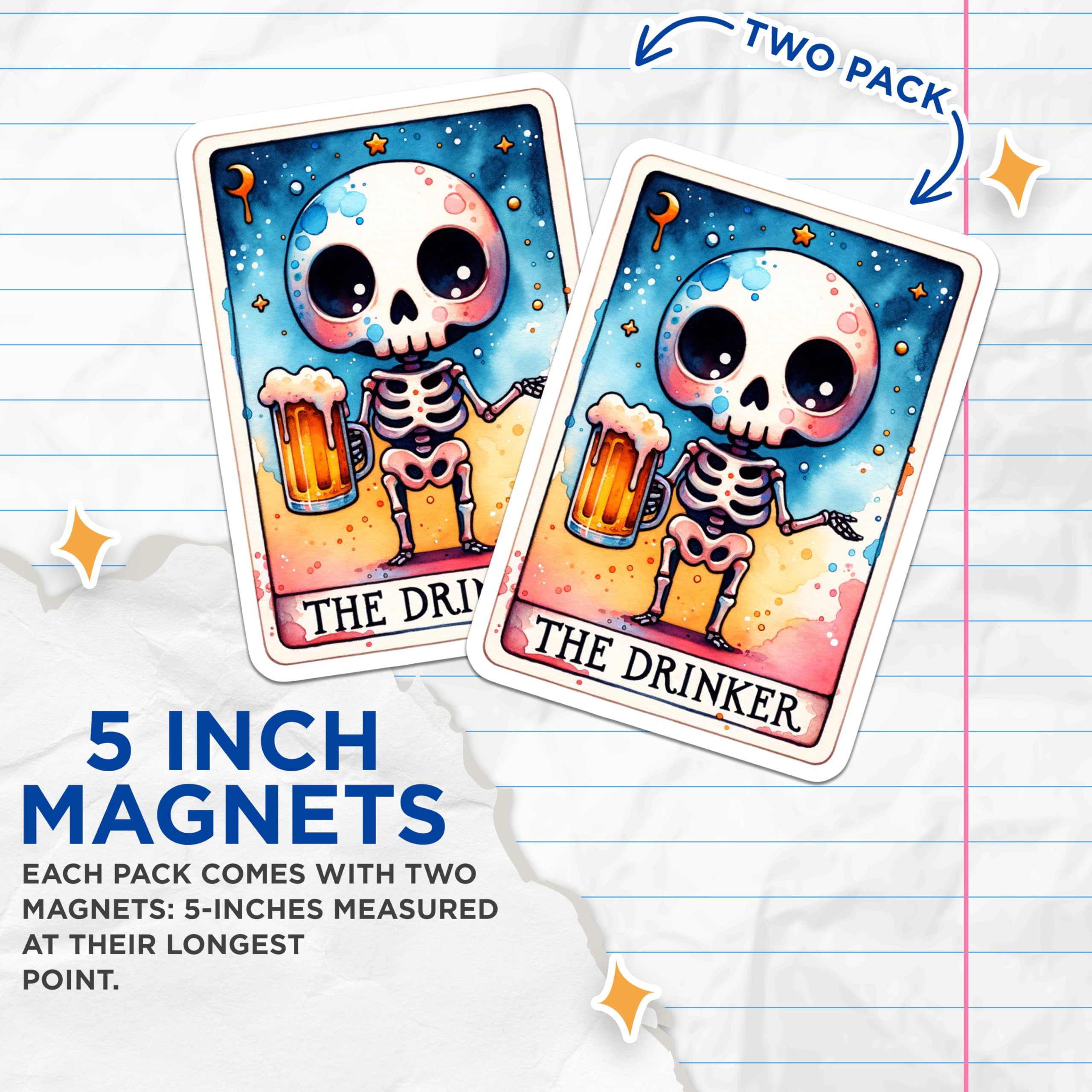 (2 Pack) Tarot Card Magnets - The Drinker Skeleton Art - Beer Lover Fridge Magnets- 5" On Longest Side - Sticks to Smooth Flat Surfaces - Made in USA - MAG11415