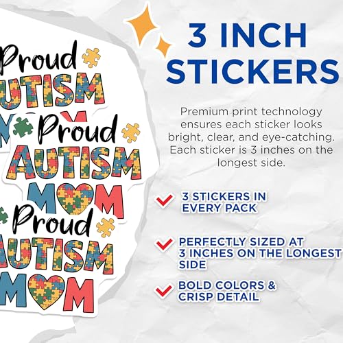 (3 Pack) Autism Mom Decals - Proud Mom Sticker - Autism Awareness Support - 3 Inches On Longest Side - Easy Peel & Apply - Made in USA - 3MCS0061