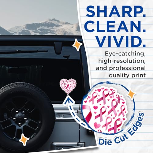 (2 Pack) Pink Ribbon Heart Stickers - Breast Cancer Awareness Stickers - Support Hope Love Decal - 5" On Longest Side - Sticks to Any Smooth Flat Surface - Made in USA - BMCS2869