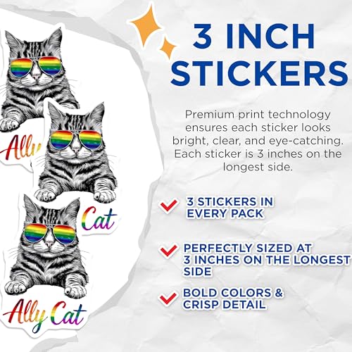 (3 Pack) Ally Cat Decals - LGBTQ Cat - Rainbow Sunglasses Decal - 3 Inches On Longest Side - Easy Peel & Apply - Made in USA - 3MCS8307