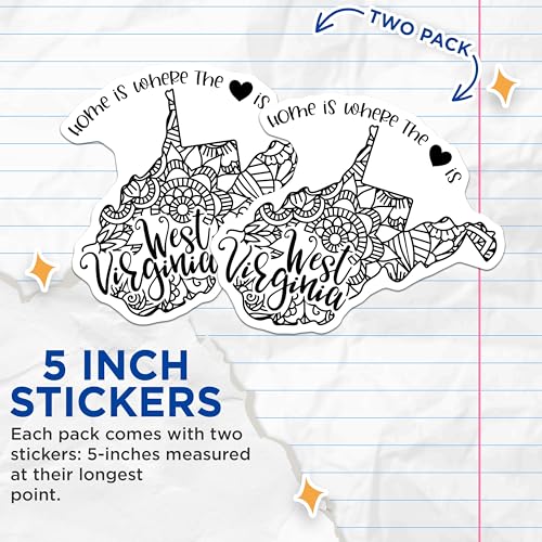 (2 Pack) Home is Where The Heart is West Virginia Stickers - State Mandala Design - Travel Souvenir - 5" On Longest Side - Sticks to Smooth Flat Surfaces - Made in USA - BMCS9099 - Home DÃ©cor