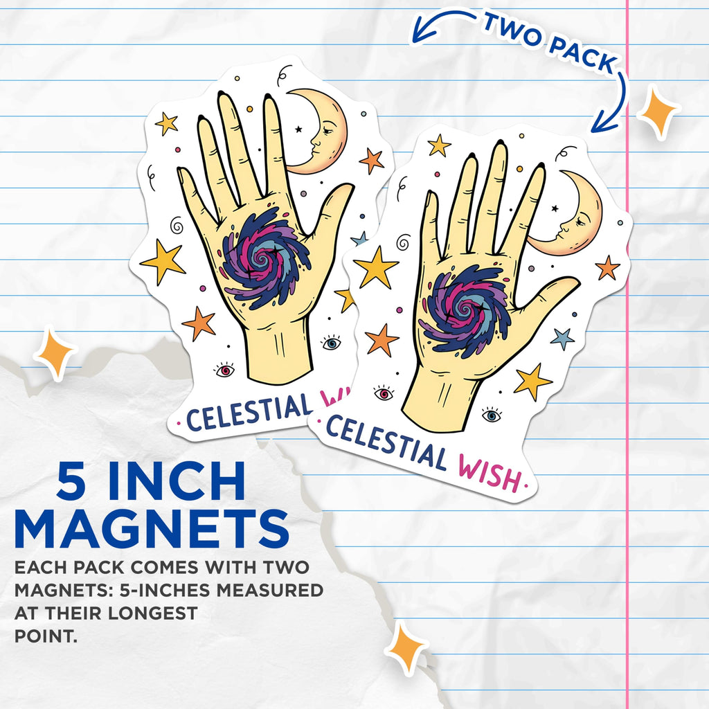 (2 Pack) Celestial Wish Magnets - Mystic Hand Galaxy Decor - Moon Stars Spiritual Art - 5 Inches On Longest Side - Thick Durable Magnet - Made in USA - MAG20605
