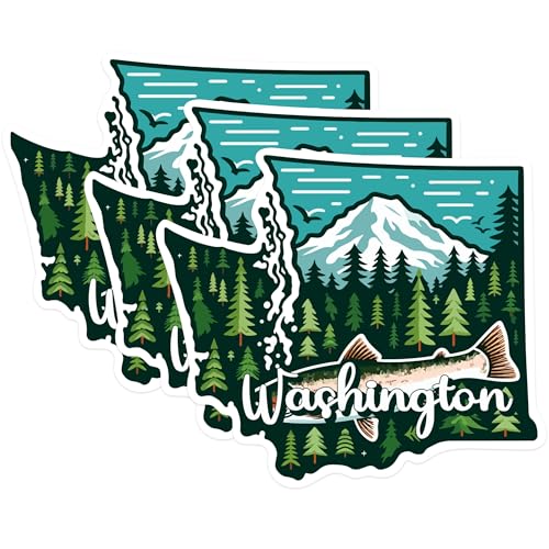 (3 Pack) Washington State Decals - Fish Mountain Forest - Evergreen State - 3 Inches On Longest Side - Easy Peel & Apply - Made in USA - 3MCS0167