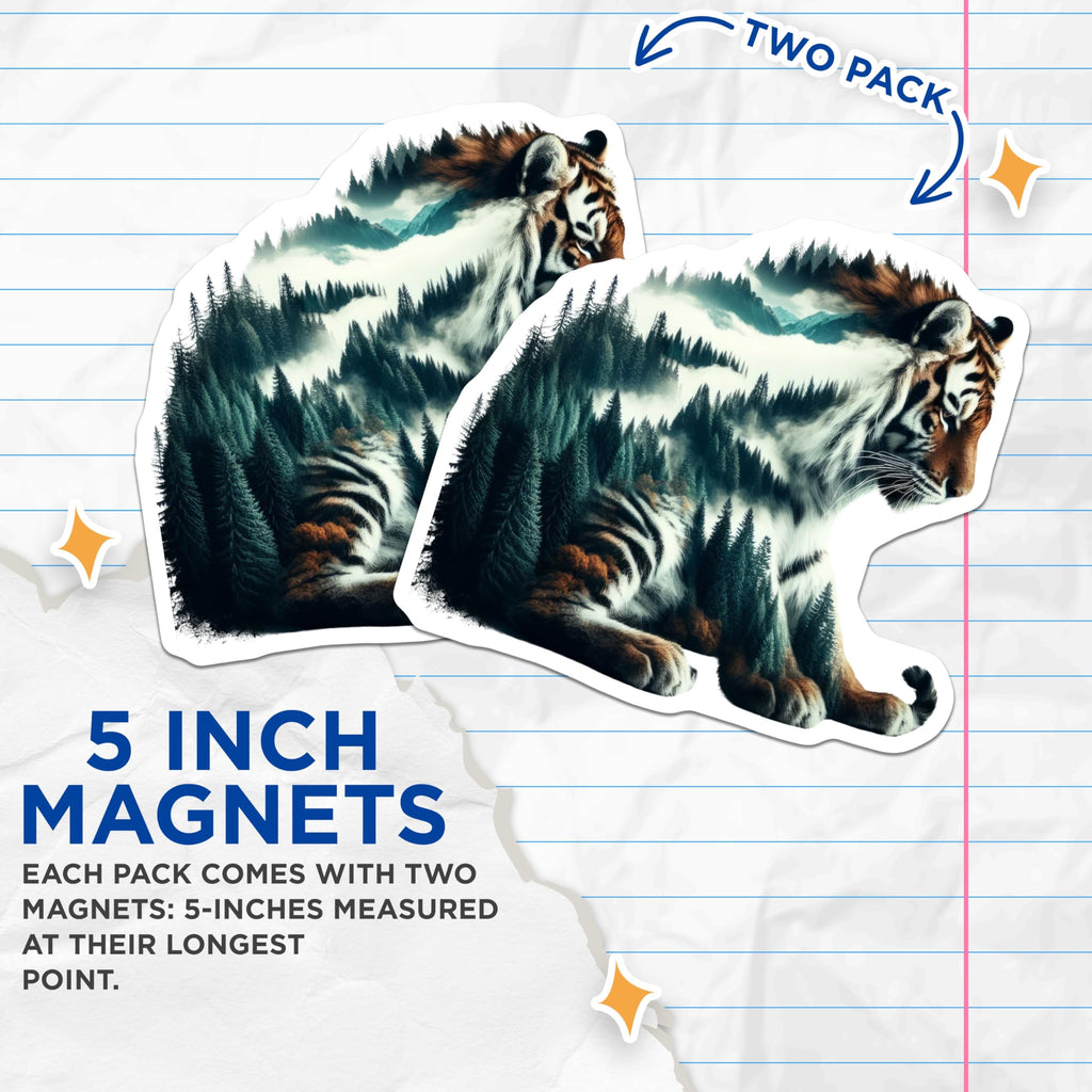 (2 Pack) Tiger Magnets - Forest Animals - Nature Inspired Home Decor - 5" On Longest Side - Premium Magnet - for Cars, Refrigerators, Toolboxes, Lockers - Made in USA - MAG14555