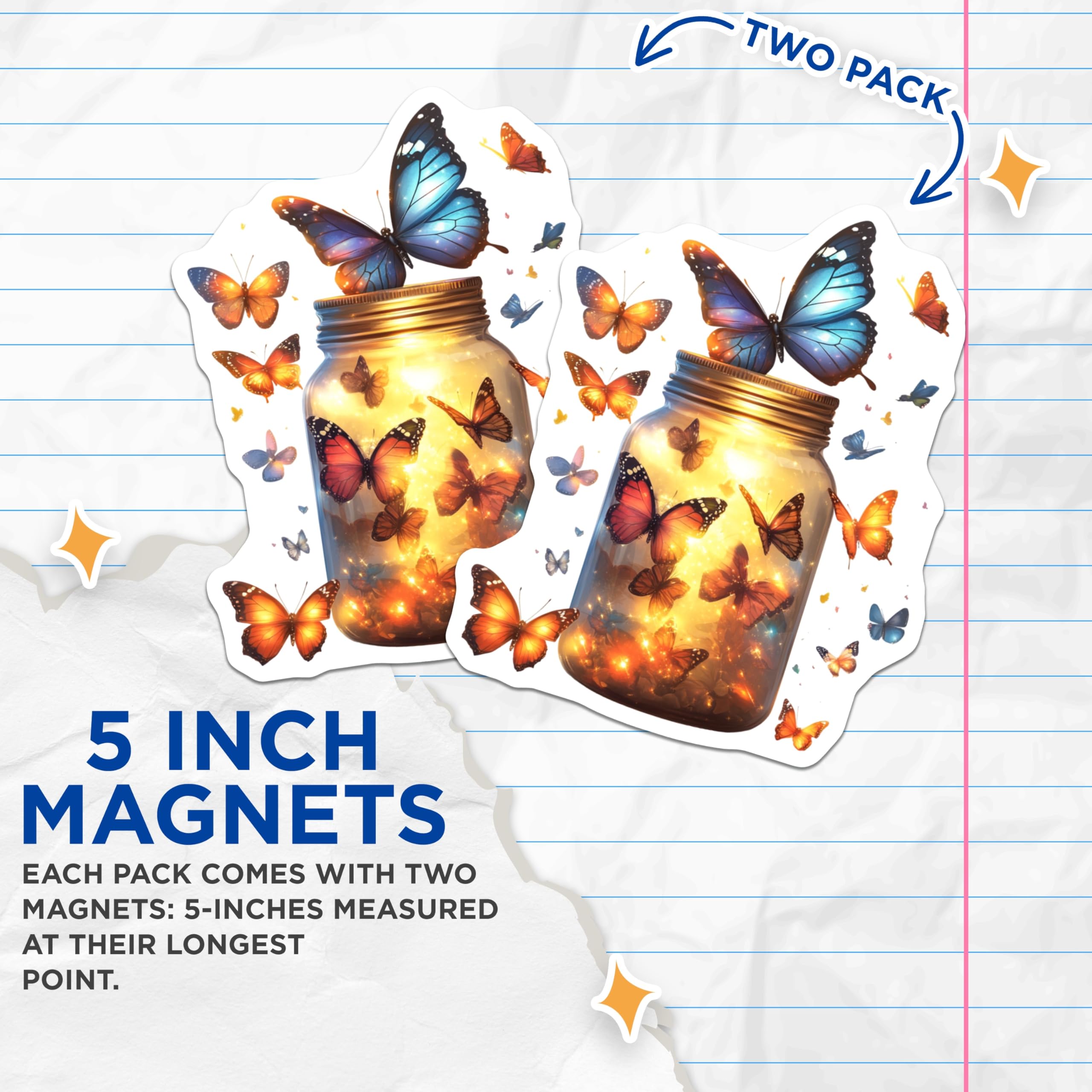(2 Pack) Glowing Butterfly Jar Magnets - Enchanted Mason Jar Art - Whimsical Fairy Light Nature Decor - Magical Insect Accent - 5 Inches On Longest Side - Thick Durable Magnet - Made in USA - MAG24744