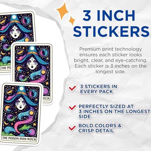 (3 Pack) Witch Tarot Card Decals - Celestial Witchcraft Sticker - Poison Path Witch Art - 3 Inches On Longest Side - Easy Peel & Apply - Made in USA - 3MCS4248