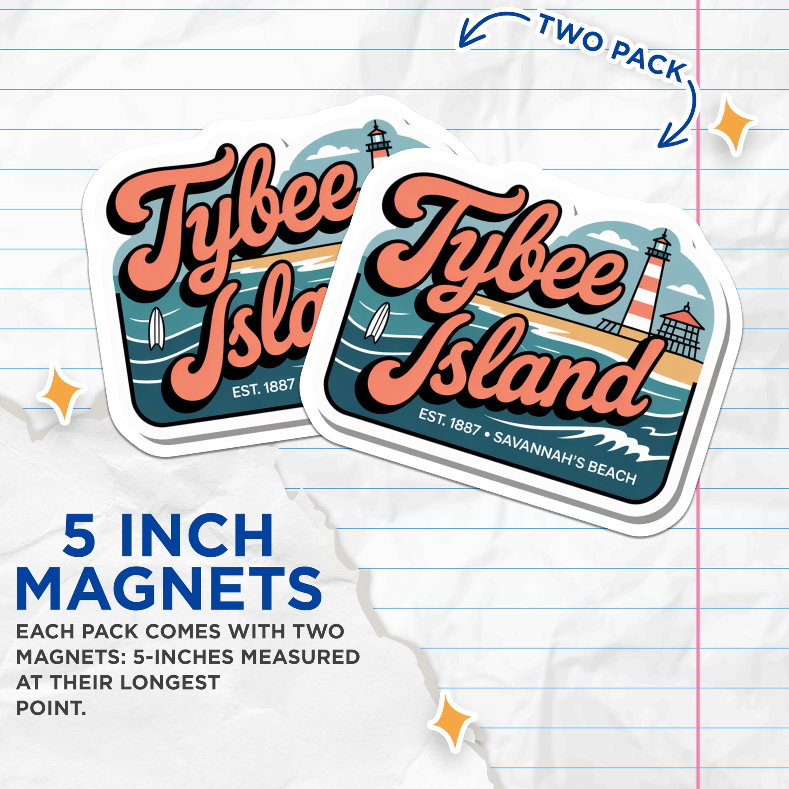 (2 Pack) Tybee Island Magnets - Savannah Beach Decor - Lighthouse Souvenir - 5" On Longest Side - Premium Magnet - for Cars, Refrigerators, Toolboxes, Lockers - Made in USA - MAG17977
