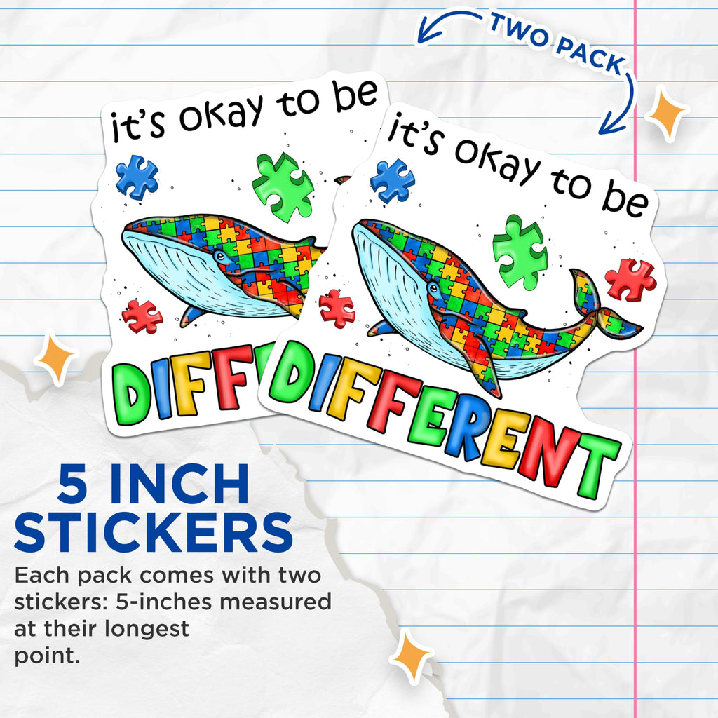(2 Pack) Autism Awareness Stickers - It's Okay to Be Different Sticker - 5" On Longest Side - Sticks to Smooth Flat Surfaces - Made in USA - BMCS8658 - BMCS8658