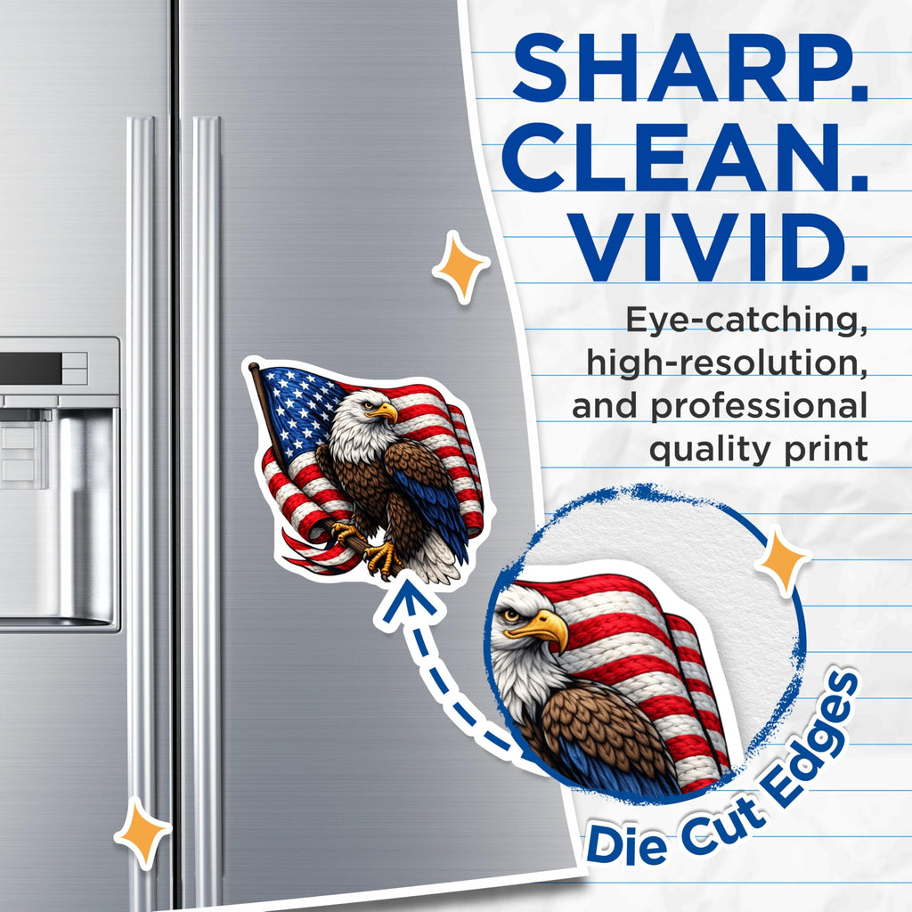 (2 Pack) Bald Eagle American Flag Magnets - USA Patriotic Symbol Decor - Freedom Pride Statement - Military Support Item - 5 Inches On Longest Side - Thick Durable Magnet - Made in USA - MAG21897