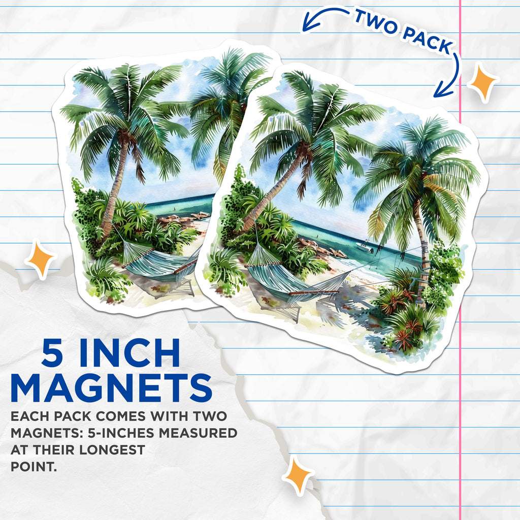 (2 Pack) Tropical Beach Magnets - Palm Tree Hammock - Relaxing Island Scene Decor - 5 Inches On Longest Side - Thick Durable Magnet - Made in USA - MAG38251