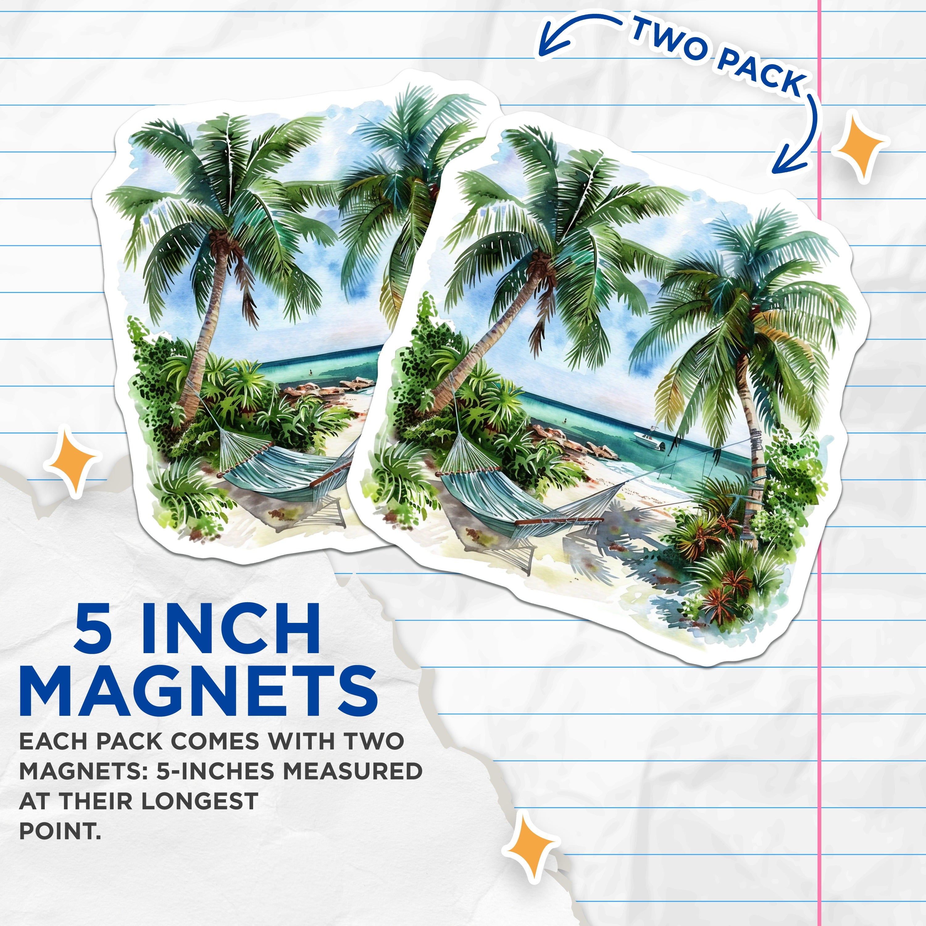(2 Pack) Tropical Beach Magnets - Palm Tree Hammock - Relaxing Island Scene Decor - 5 Inches On Longest Side - Thick Durable Magnet - Made in USA - MAG38251