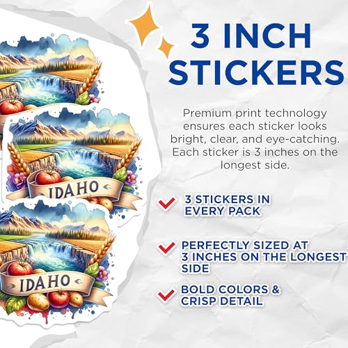 (3 Pack) Idaho Decals - State Pride Sticker - Laptop Decoration Decals- 3 Inches On Longest Side - Easy Peel & Apply - Made in USA - 3MCS5688