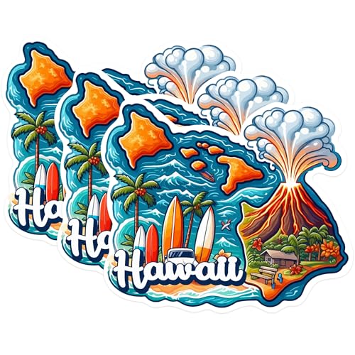 (3 Pack) Hawaii Decals - Volcano Island Sticker - Surfing Laptop Decals - 3 Inches On Longest Side - Easy Peel & Apply - Made in USA - 3MCS0133