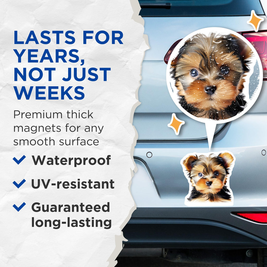 (2 Pack) Yorkie Puppy Magnets - Adorable Yorkshire Terrier Decor - Pet Parent Refrigerator Accessory - 5 Inches On Longest Side - Thick Durable Magnet - Made in USA - MAG30473