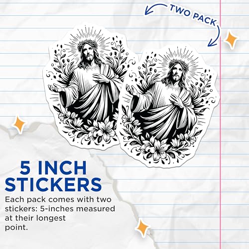 (2 Pack) Jesus Christ Stickers - Religious Art - Christian Faith - 5" On Longest Side - Sticks to Smooth Flat Surfaces - Made in USA - BMCS7322