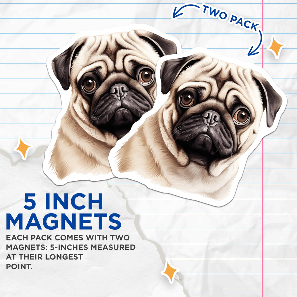 (2 Pack) Pug Dog Magnets - Cute Pet Lover Accessory - Refrigerator Decor Animal Art - 5 Inches On Longest Side - Thick Durable Magnet - Made in USA - MAG29733