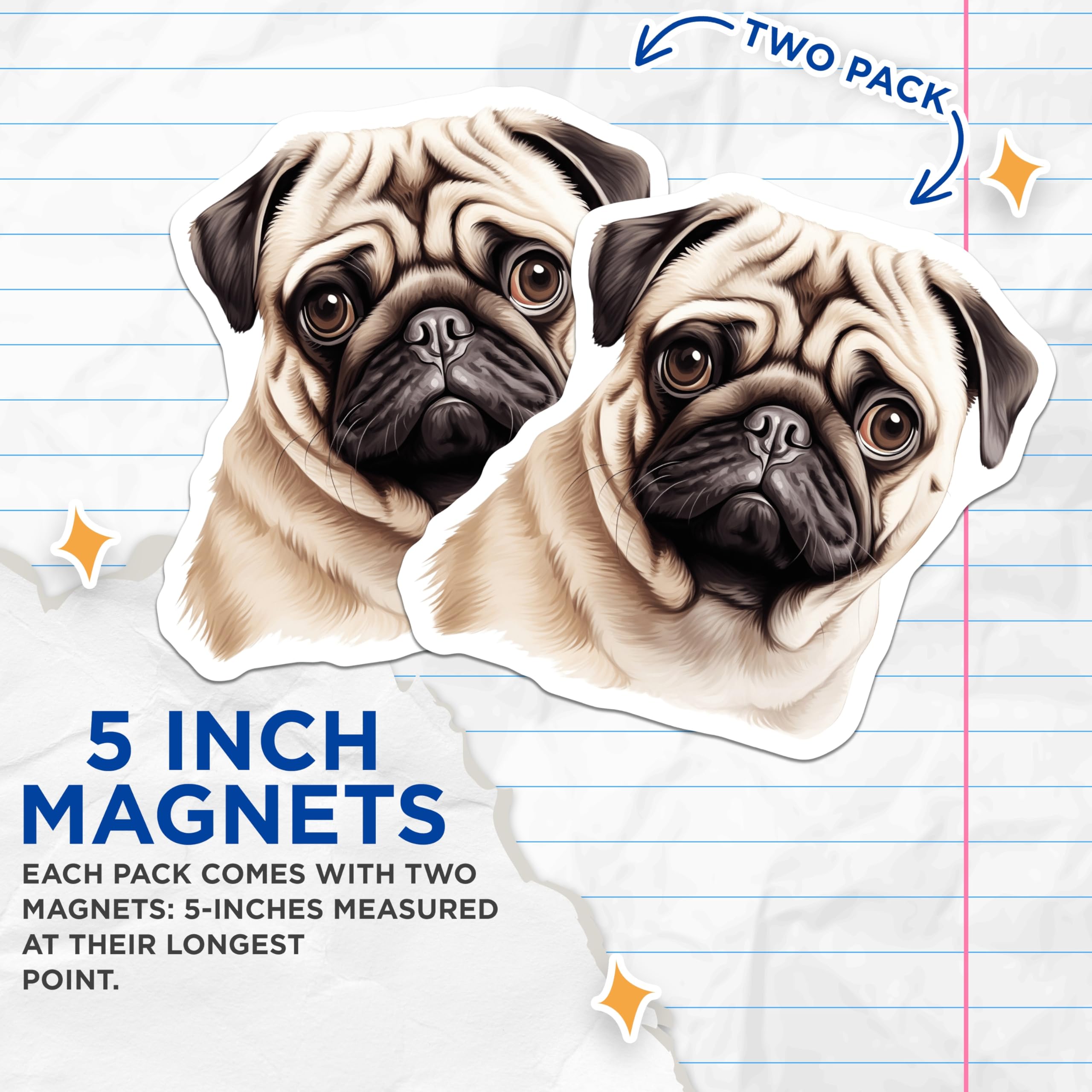 (2 Pack) Pug Dog Magnets - Cute Pet Lover Accessory - Refrigerator Decor Animal Art - 5 Inches On Longest Side - Thick Durable Magnet - Made in USA - MAG29733