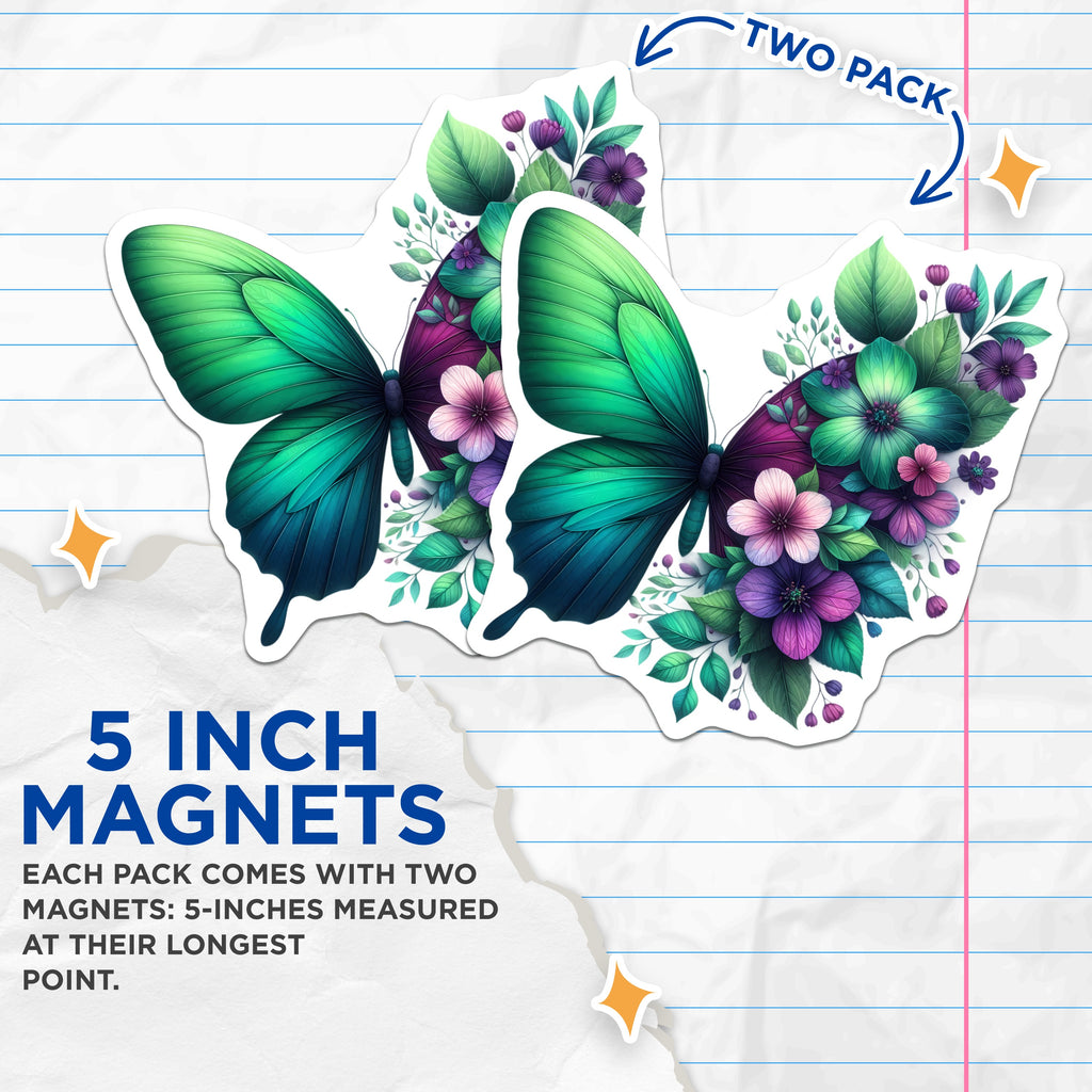 (2 Pack) Teal Purple Floral Butterfly Magnets - Whimsical Garden Nature Decor - Aesthetic Fridge Locker Accent - 5 Inches On Longest Side - Thick Durable Magnet - Made in USA - MAG39899