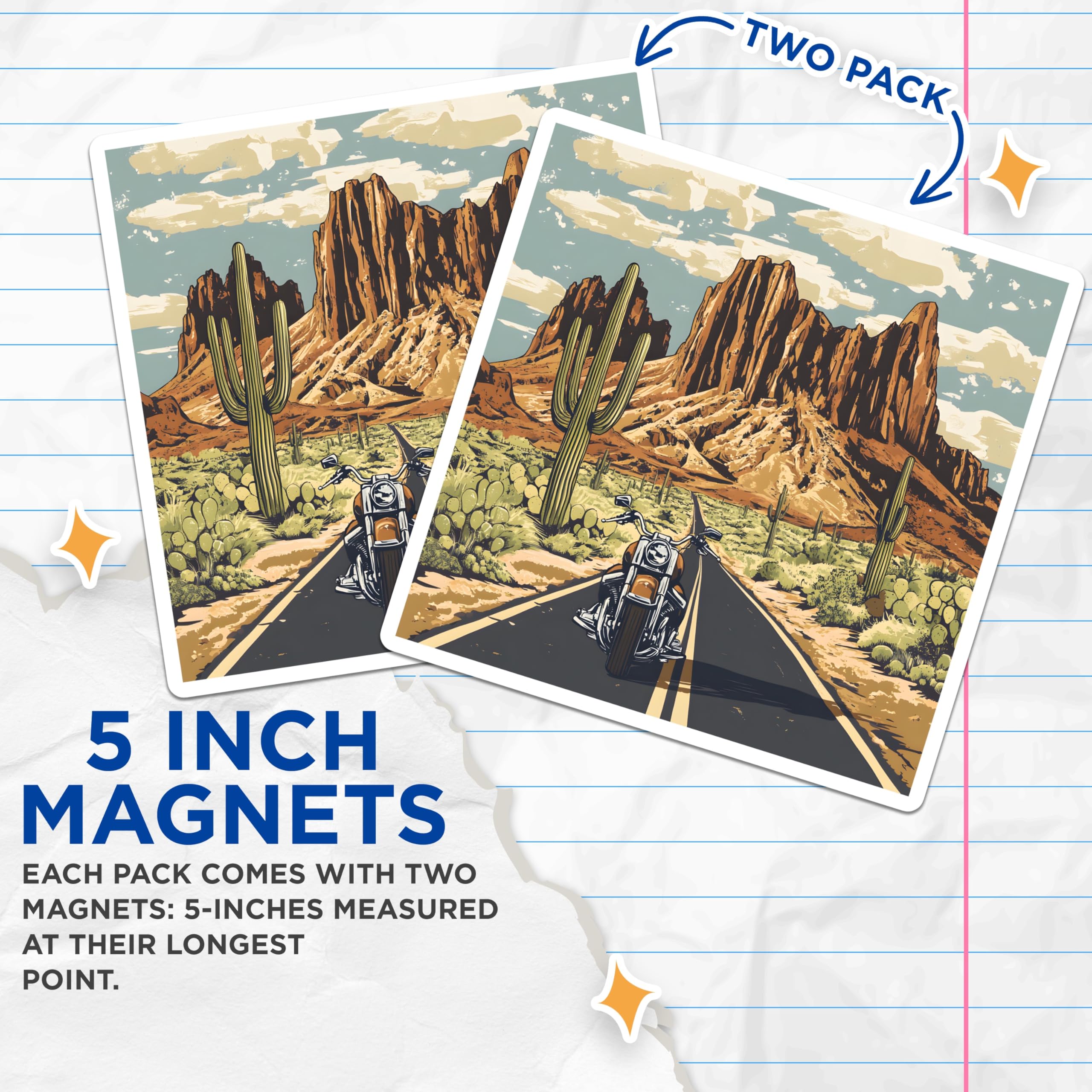 (2 Pack) Motorcycle Magnets - Desert Road Trip Art - Southwest Vibe - 5" On Longest Side - Premium Magnet - for Cars, Refrigerators, Toolboxes, Lockers - Made in USA - MAG17837