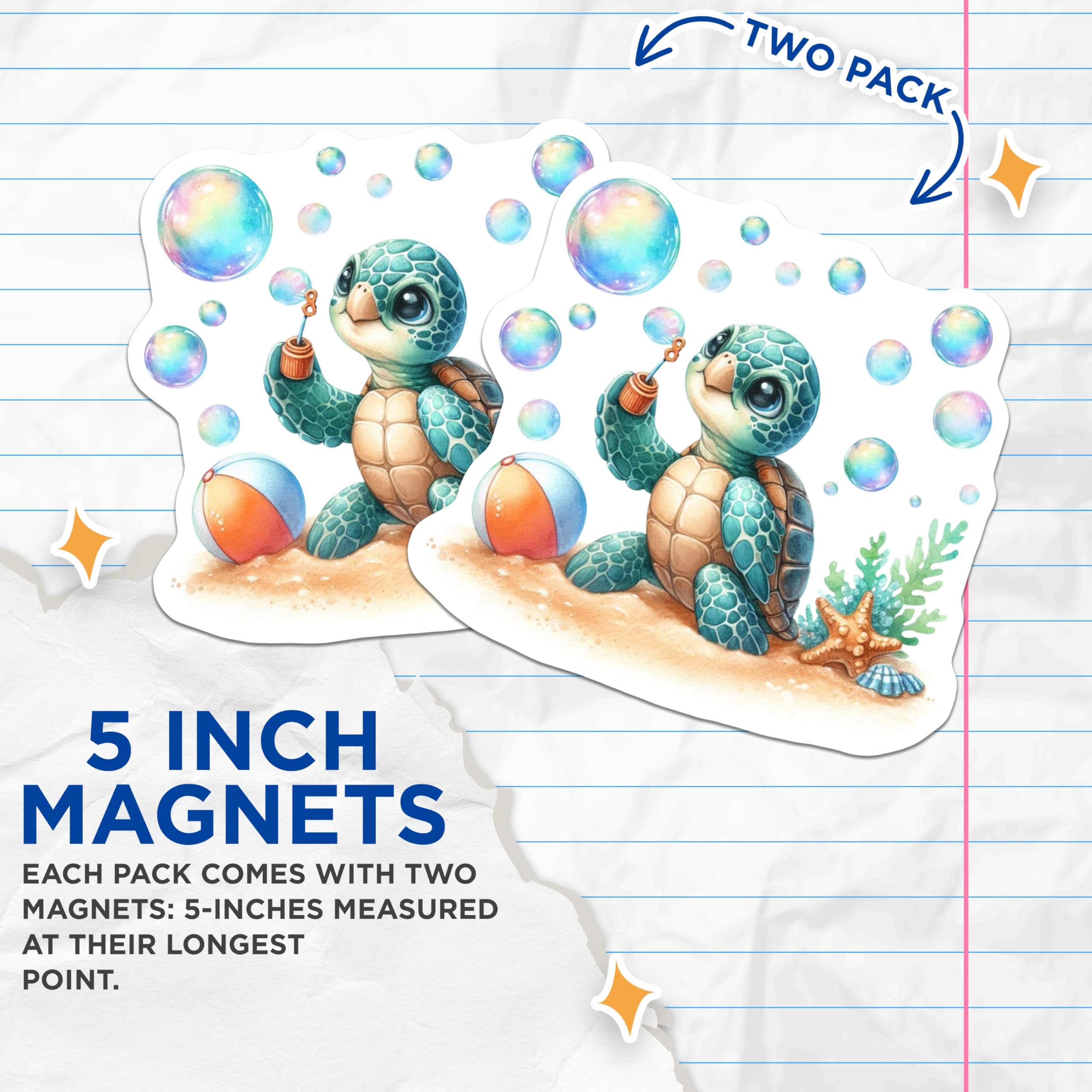 (2 Pack) Adorable Baby Sea Turtle Magnets - Watercolor Bubble Blowing Ocean Animal - Beach Theme Refrigerator Decor - 5 Inches On Longest Side - Thick Durable Magnet - Made in USA - MAG22441