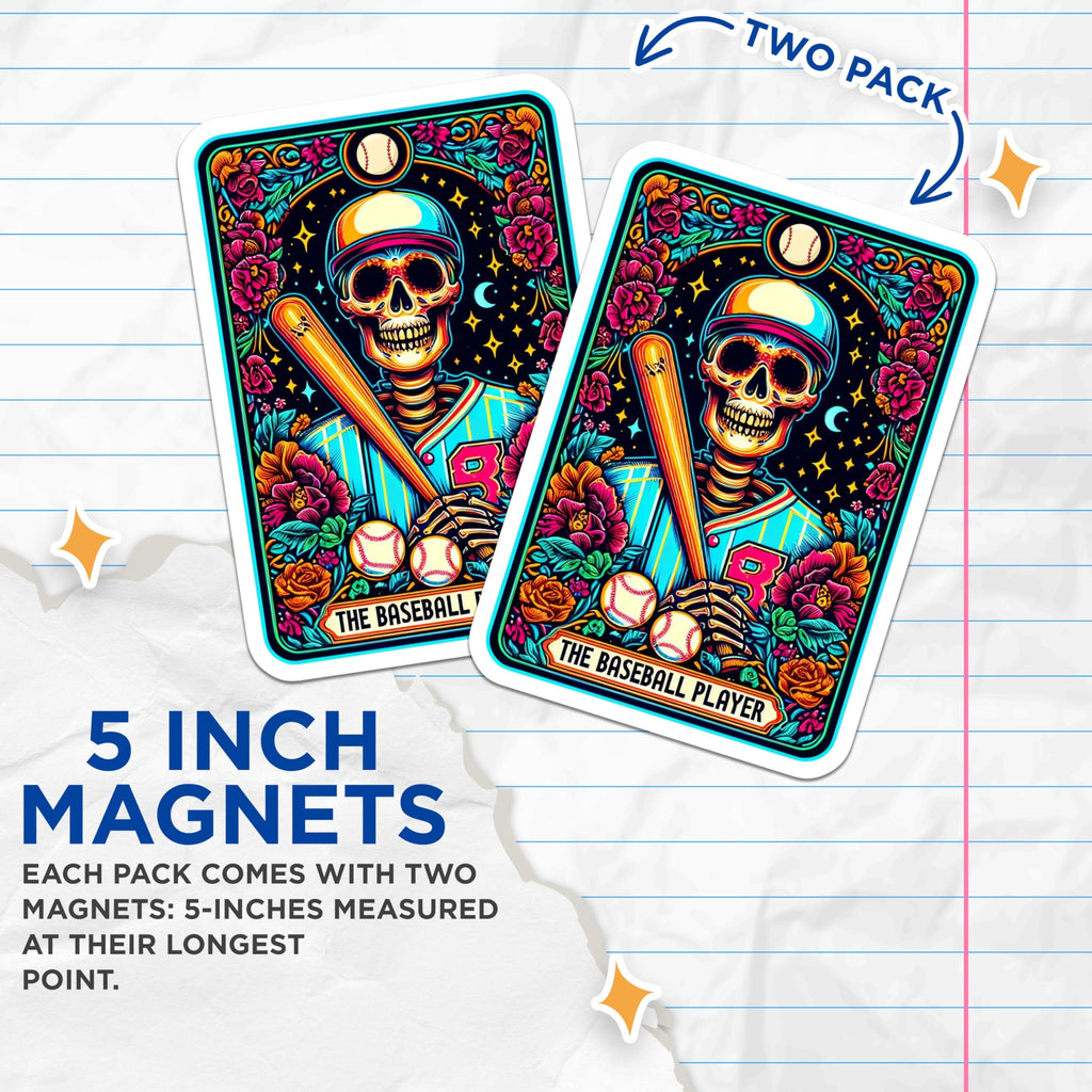 (2 Pack) Dia de Los Muertos Baseball Magnets - Sugar Skull Sports Player - Vibrant Skeleton Art Decor - 5 Inches On Longest Side - Thick Durable Magnet - Made in USA - MAG25737