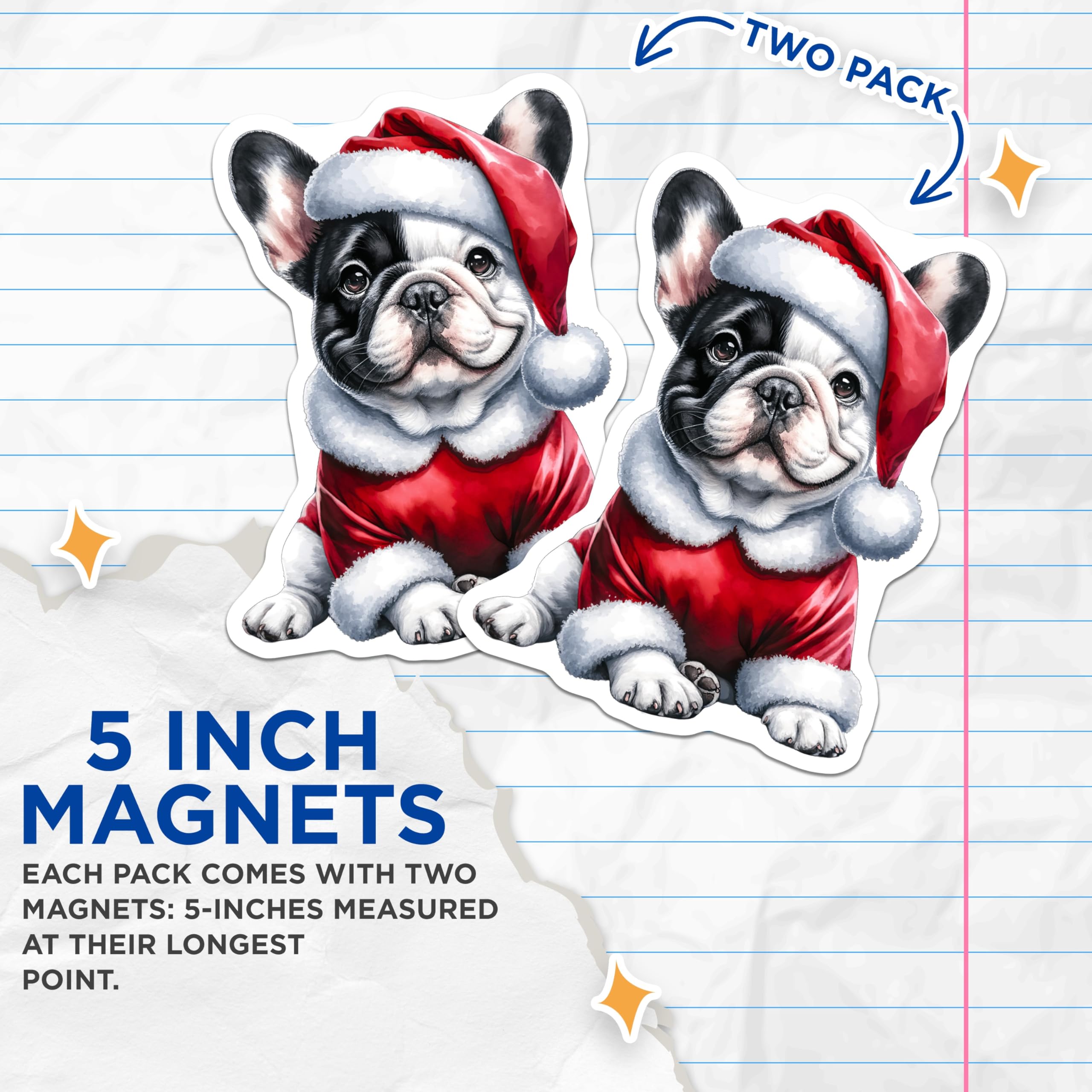 (2 Pack) Christmas French Bulldog Magnets - Cute Puppy Santa Hat Holiday Dog Decor - Refrigerator Locker Accent Winter Season - 5 Inches On Longest Side - Thick Durable Magnet - Made in USA - MAG27841