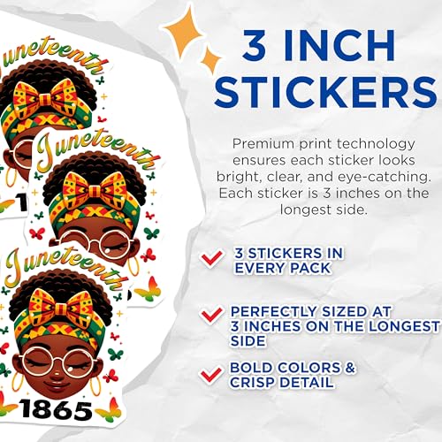 (3 Pack) Juneteenth 1865 Decals - Black History - African American Freedom Day - 3 Inches On Longest Side - Easy Peel & Apply - Made in USA - 3MCS6132