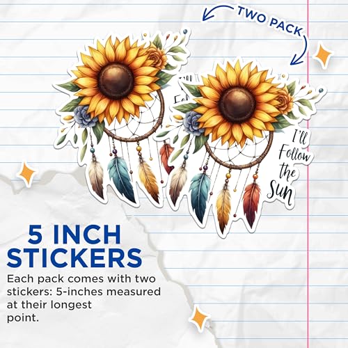 (2 Pack) Sunflower Dreamcatcher Stickers - Boho Sunflower Stickers - Sunflower Art Stickers for Journals and Laptops - 5" On Longest Side - Sticks to Any Smooth Flat Surface - Made in USA - BMCS2569