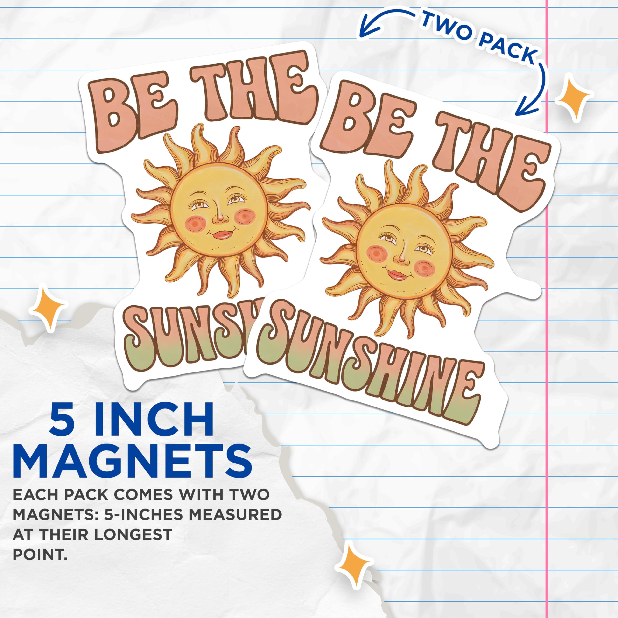(2 Pack) Sunshine Magnets - Retro Sun Art - Positive Quote Decor - 5" On Longest Side - Premium Magnet - for Cars, Refrigerators, Toolboxes, Lockers - Made in USA - MAG18502