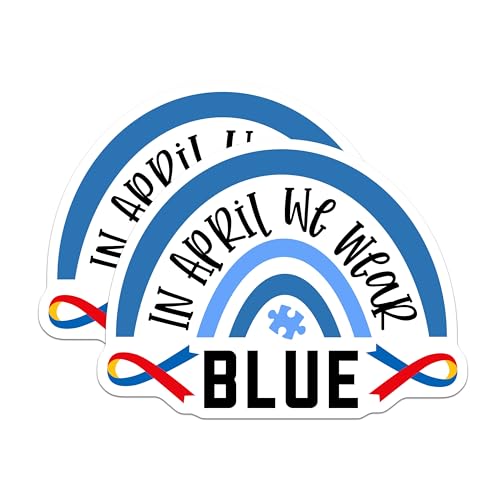 (2 Pack) in April We Wear Blue Magnets - Autism Awareness - Rainbow Puzzle Piece Magnets - 5" On Longest Side - for Cars, Fridges, Toolboxes - Made in USA - MAG4278