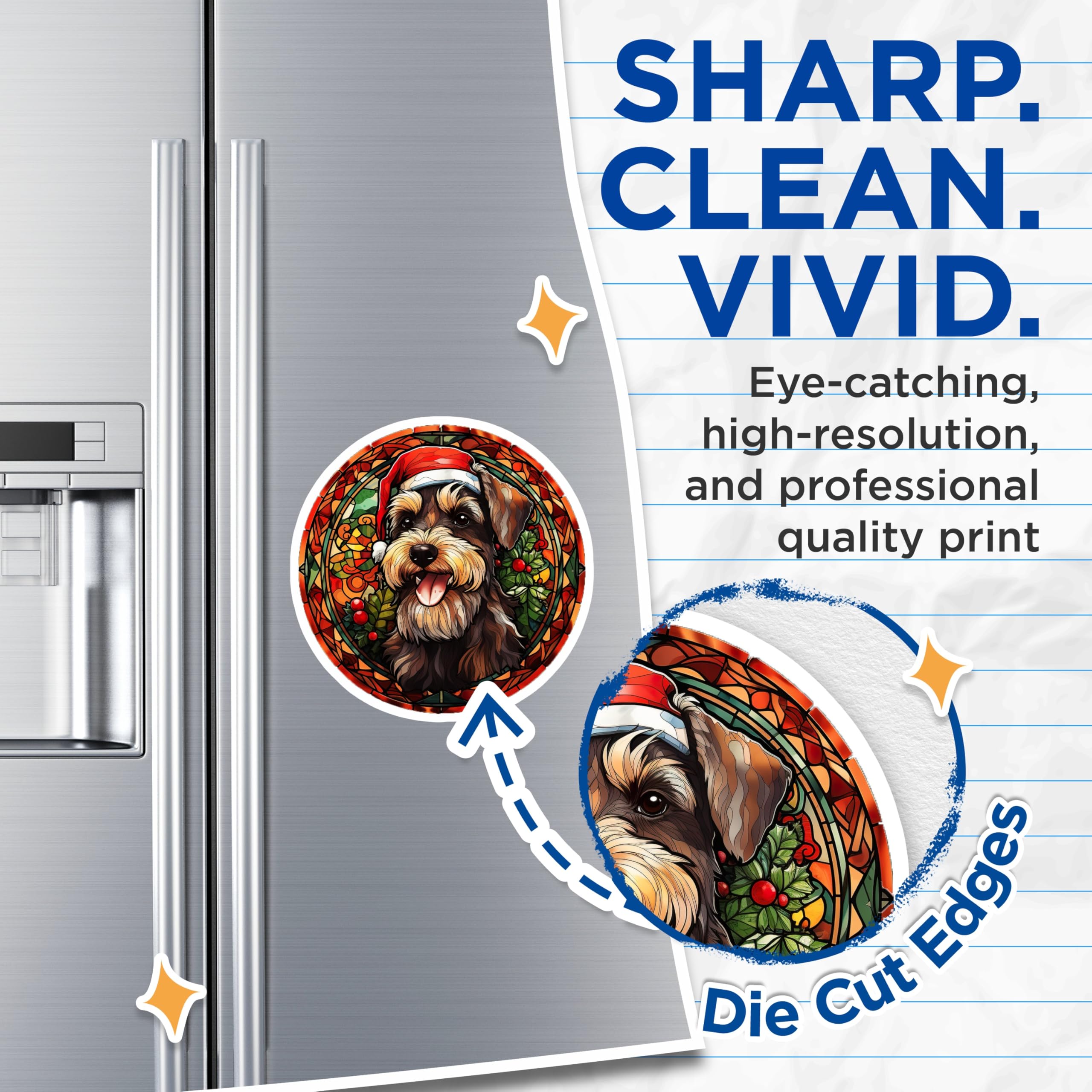 (2 Pack) Christmas Schnauzer Magnets - Holiday Dog Decor - Stained Glass Pet Artwork - 5 Inches On Longest Side - Thick Durable Magnet - Made in USA - MAG27236