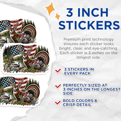 (3 Pack) Hunting Scene Decals - American Flag - Deer Turkey Fish Sticker - 3 Inches On Longest Side - Easy Peel & Apply - Made in USA - 3MCS7419