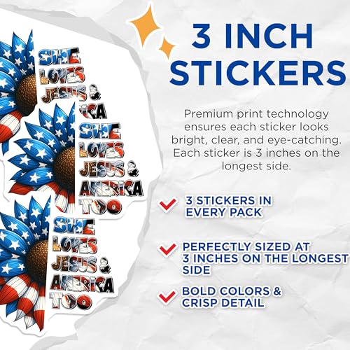 (3 Pack) She Loves Jesus and America Decals - Patriotic Sunflower Decor - Christian American Decals - 3 Inches On Longest Side - Easy Peel & Apply - Made in USA - 3MCS6214
