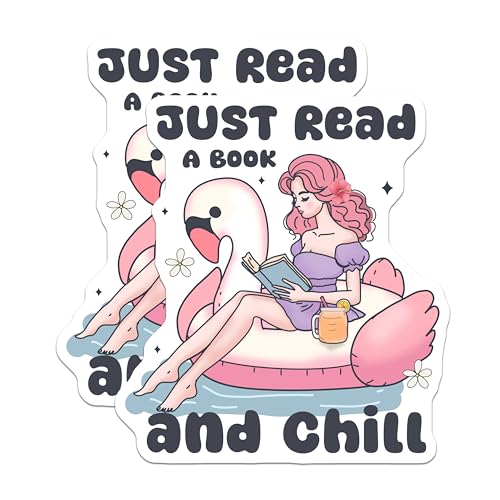 (2 Pack) Reading Stickers - Just Read a Book and Chill - Flamingo Stickers - Summer Vibes Decal - 5" On Longest Side - Sticks to Smooth Flat Surfaces - Made in USA - BMCS5856