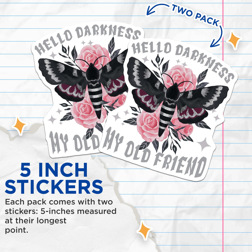 (2 Pack) Hello Darkness Stickers - Moth and Roses - Gothic Stickers - 5" On Longest Side - Sticks to Smooth Flat Surfaces - Made in USA - BMCS18799