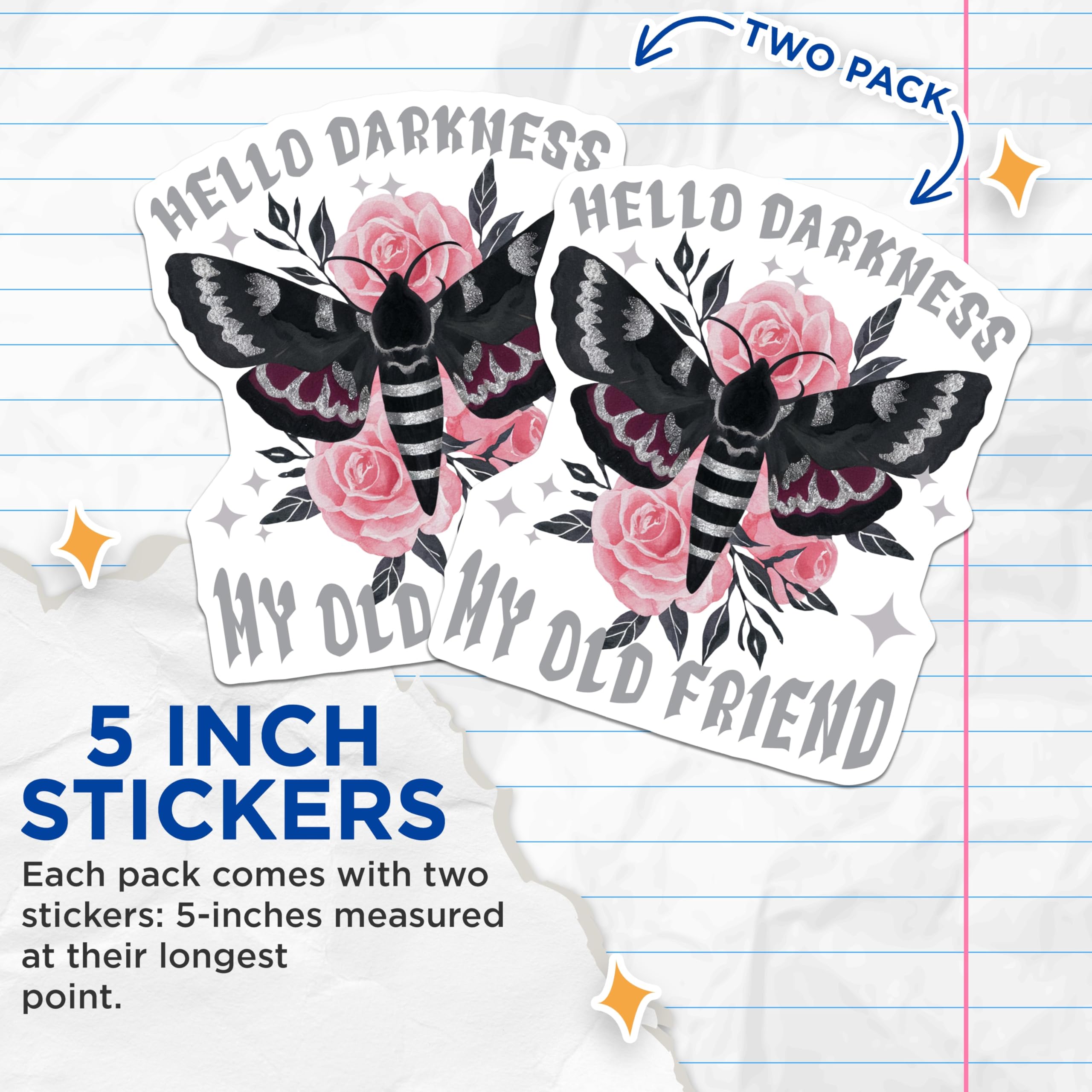 (2 Pack) Hello Darkness Stickers - Moth and Roses - Gothic Stickers - 5" On Longest Side - Sticks to Smooth Flat Surfaces - Made in USA - BMCS18799