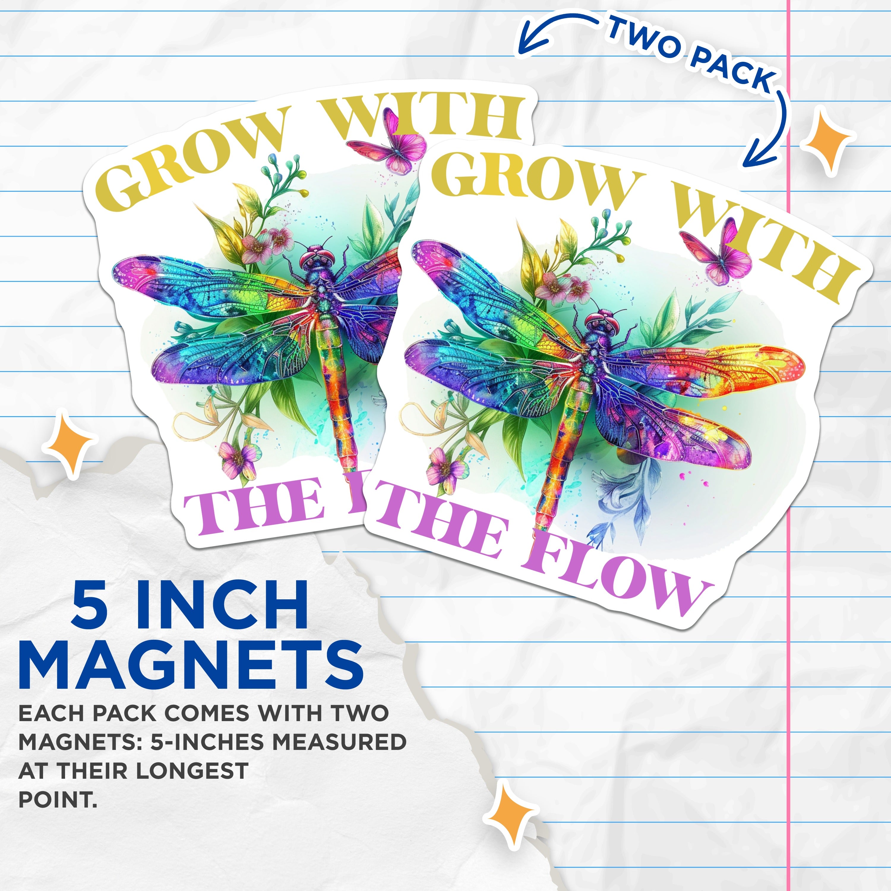 (2 Pack) Grow with The Flow Magnets - Watercolor Dragonfly - Boho Inspirational Quote - Nature Lover Fridge Decor - 5 Inches On Longest Side - Thick Durable Magnet - Made in USA - MAG38288