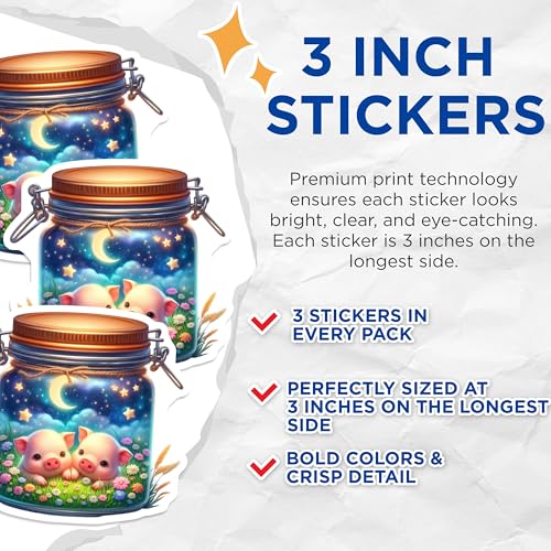 (3 Pack) Piglets in A Jar Decals - Cute Animal Stickers - Laptop Decor - 3 Inches On Longest Side - Easy Peel & Apply - Made in USA - 3MCS8123