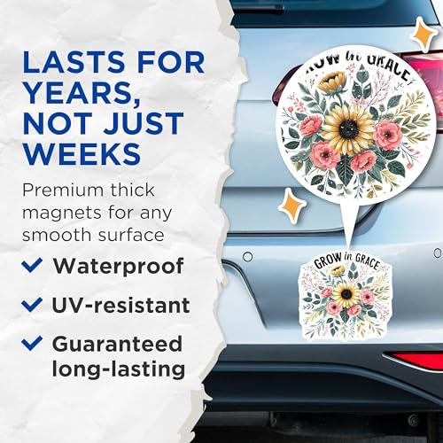 (2 Pack) Grow in Grace Magnets - Floral Sunflower Magnets - Inspirational Magnets for Fridge Office Locker - 5" On Longest Side - for Cars, Fridges, Toolboxes - Made in USA - MAG4079