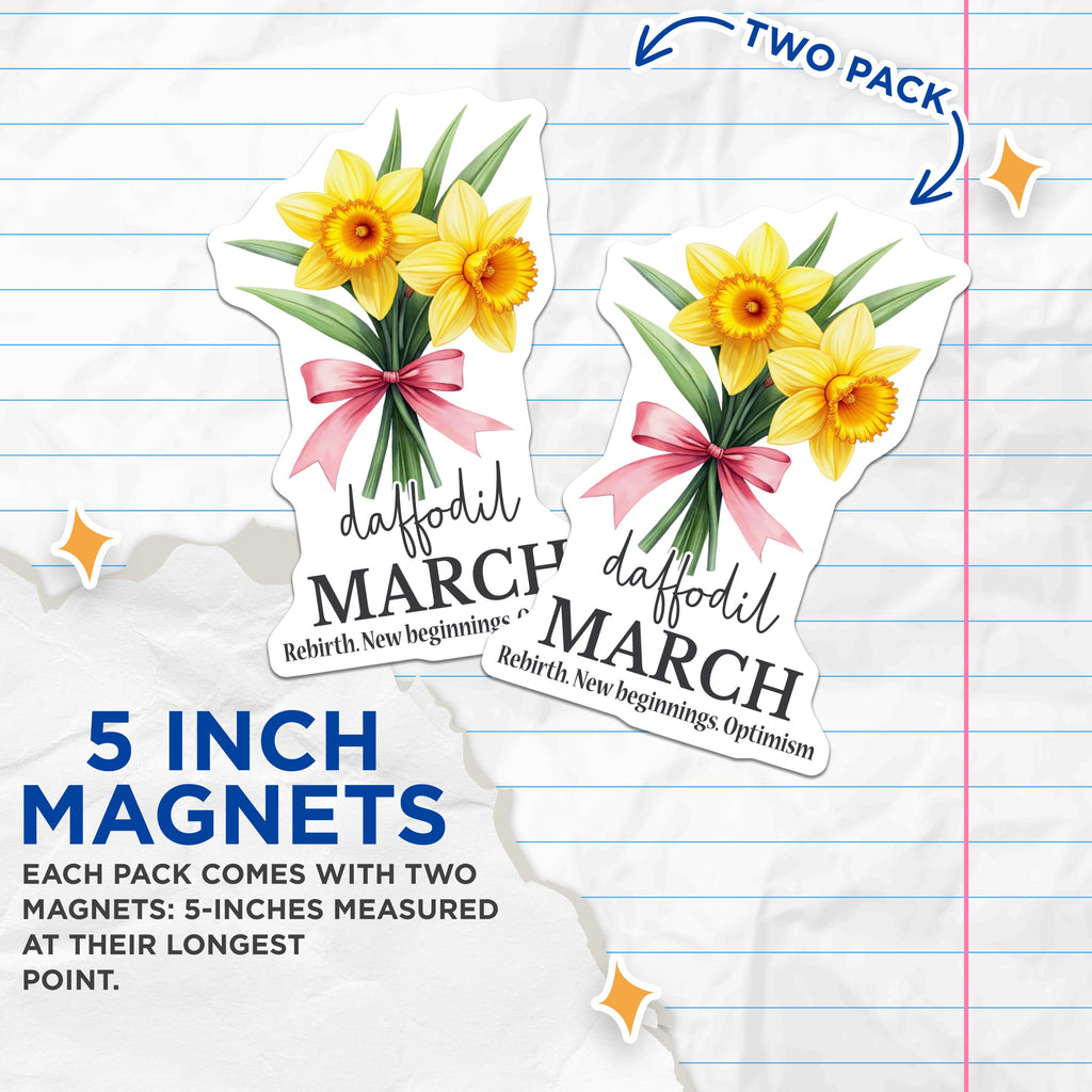 (2 Pack) March Daffodil Magnets - Spring Flower Botanical - Rebirth New Beginnings Optimism Fridge Magnets - 5 Inches On Longest Side - Thick Durable Magnet - Made in USA - MAG39612