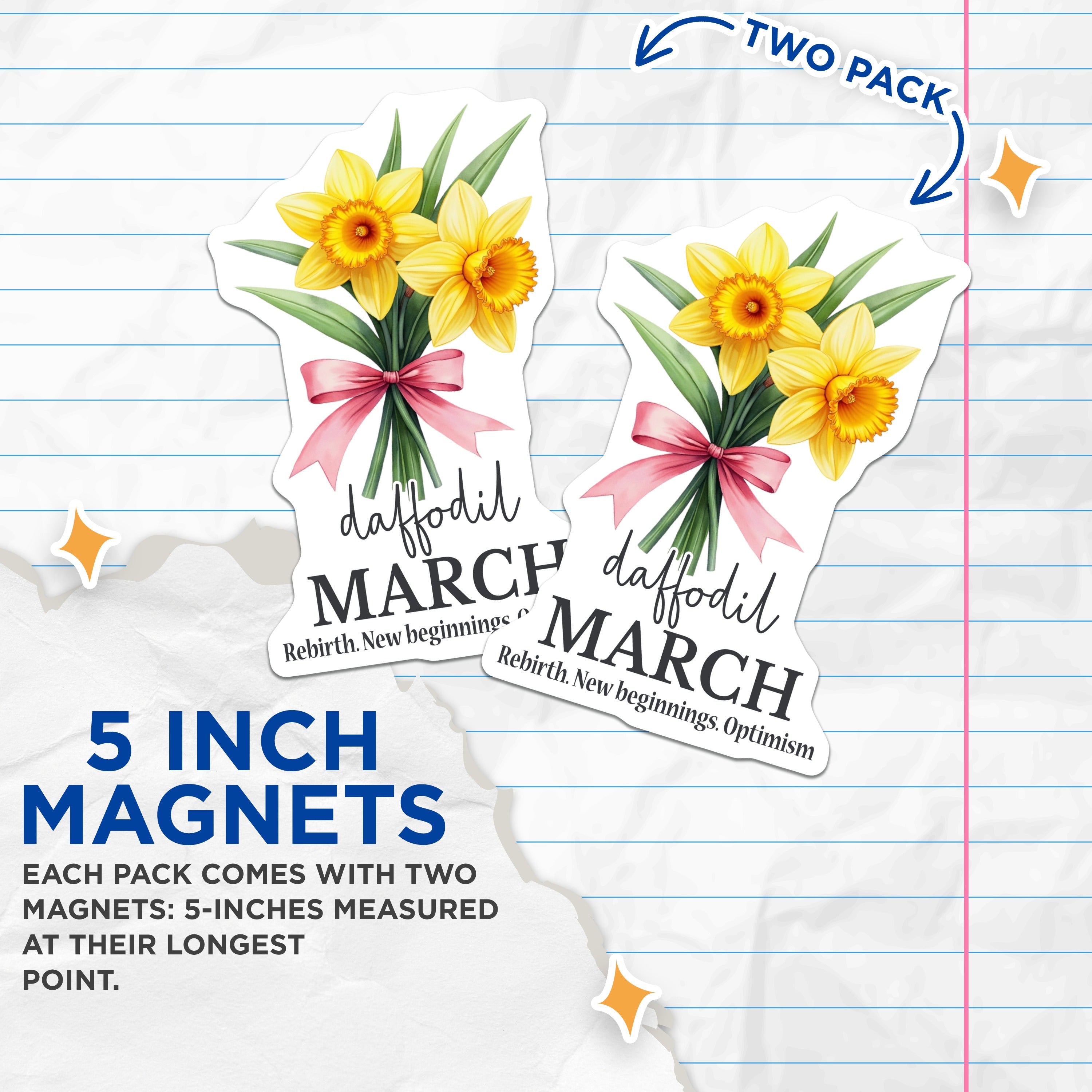 (2 Pack) March Daffodil Magnets - Spring Flower Botanical - Rebirth New Beginnings Optimism Fridge Magnets - 5 Inches On Longest Side - Thick Durable Magnet - Made in USA - MAG39612