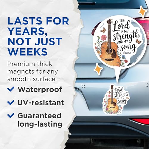 (2 Pack) The Lord is My Strength Magnets - Guitar Art - Inspirational Quote - Religious Floral - Butterfly Motif - 5" On Longest Side - for Cars, Fridges, Toolboxes - Made in USA - MAG6592